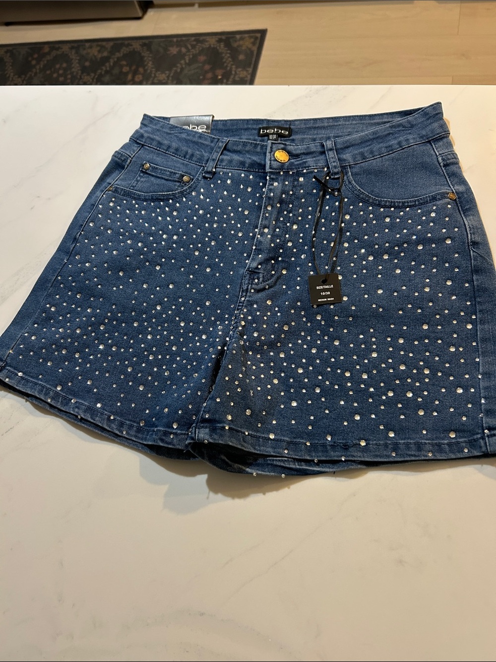 bebe Dark Blue Crystal-Studded Denim Shorts